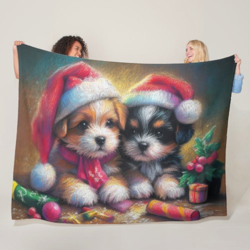 Hard Pastel Drawing Christmas Puppies Fleece Blanket