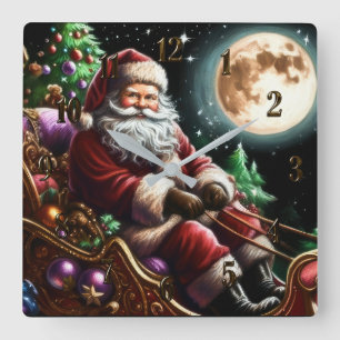 Hard Pastel Drawing Christmas Santa in Sleigh Square Wall Clock