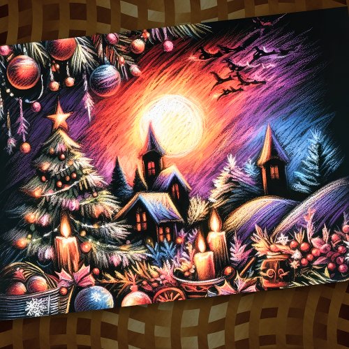 Hard Pastel Drawing Christmas Scene Card