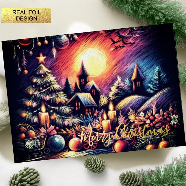 Hard Pastel Drawing Christmas Scene Foil Holiday Card (Creator Uploaded)
