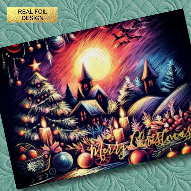 Hard Pastel Drawing Christmas Scene Foil Holiday Card (Creator Uploaded)