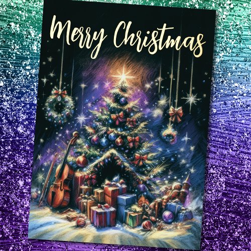 Hard Pastel Drawing Christmas Tree Foil Holiday Card