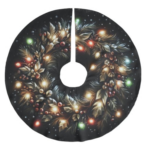 Hard Pastel Drawing Christmas Wreath Lights Black Brushed Polyester Tree Skirt