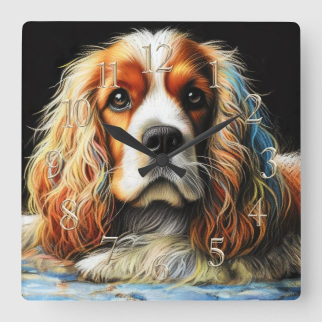 Hard Pastel Drawing Cocker Spaniel Dog Square Wall Clock (Front)