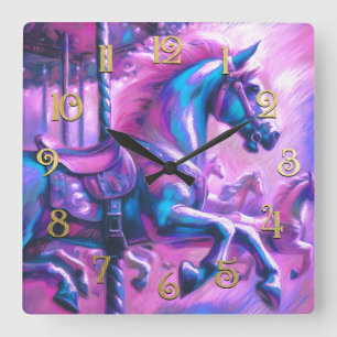 Hard Pastel Drawing Cool Tones Carousel Horse Square Wall Clock