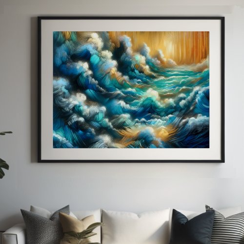 Hard Pastel Drawing Crashing Waves Poster