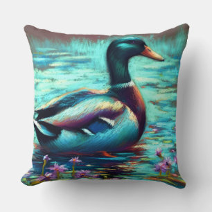 Hard Pastel Drawing Mallard Duck Throw Pillow