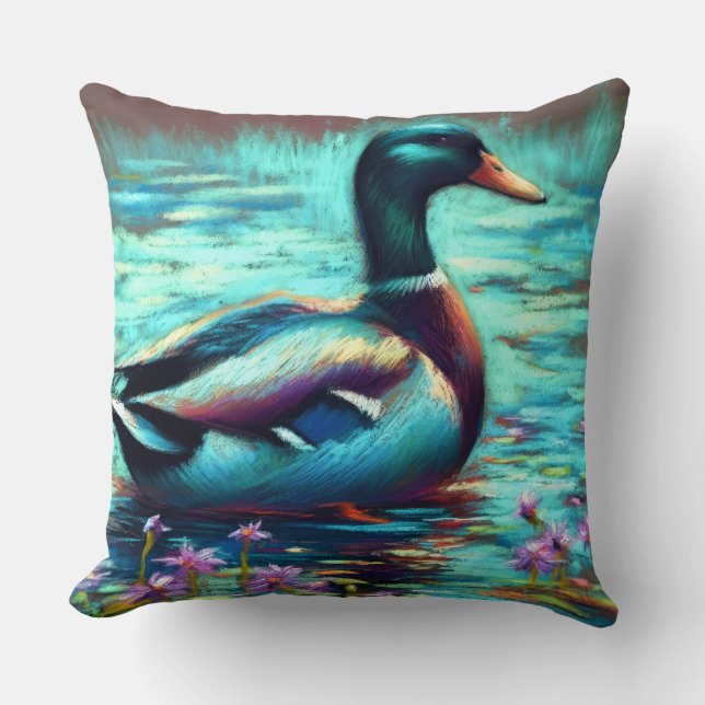 Hard Pastel Drawing Mallard Duck Throw Pillow (Front)