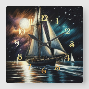 Hard Pastel Drawing Night Sailing Square Wall Clock