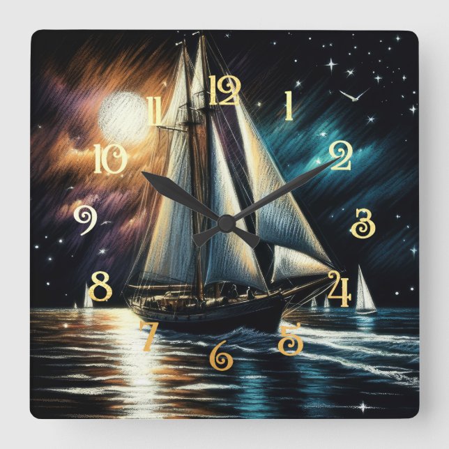 Hard Pastel Drawing Night Sailing Square Wall Clock (Front)