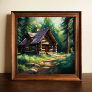 Hard Pastel Drawing of Log Cabin in the Woods Poster