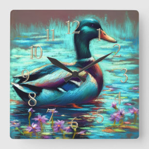 Hard Pastel Drawing Painting of a Mallard Duck Square Wall Clock
