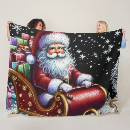 Hard Pastel Drawing Santa in His Sleigh Fleece Blanket