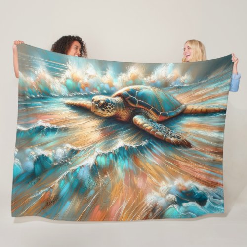 Hard Pastel Drawing Sea Turtle on Beach Fleece Blanket