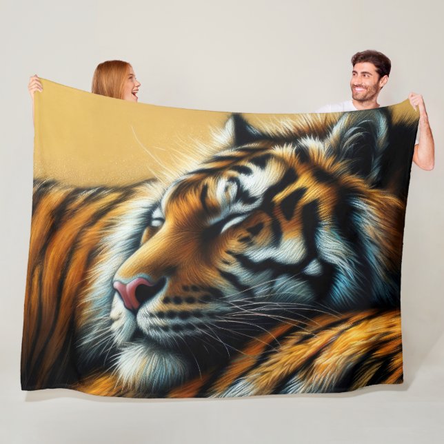 Hard Pastel Drawing Sleeping Tiger Fleece Blanket (In Situ)