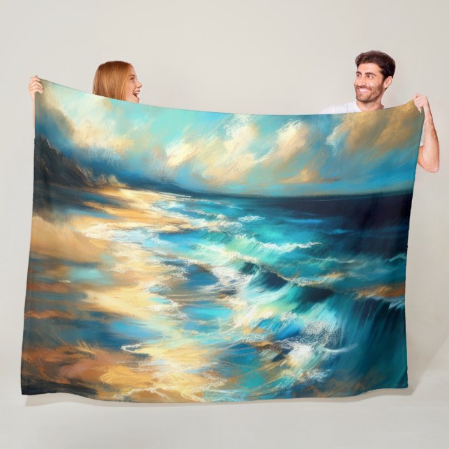 Hard Pastel Drawing Waves on a Beach Fleece Blanket (In Situ)