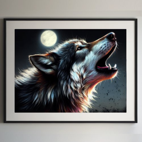 Hard Pastel Drawing Wolf Howling Moon II Poster