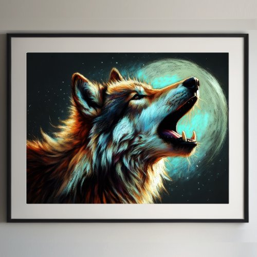 Hard Pastel Drawing Wolf Howling Moon III Poster