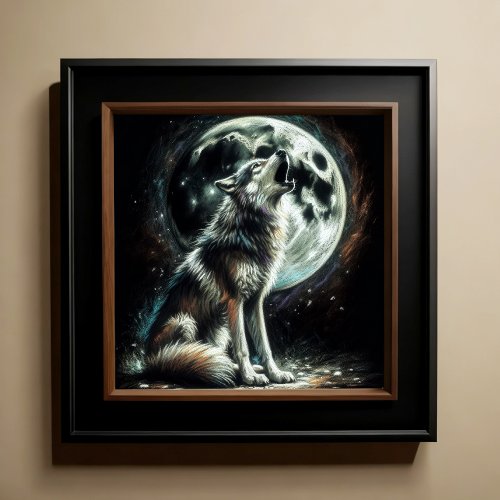 Hard Pastel Drawing Wolf Howling Moon Poster