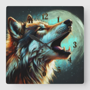 Hard Pastel Drawing Wolf Howling Moon Square Wall Clock
