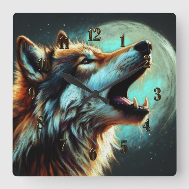 Hard Pastel Drawing Wolf Howling Moon Square Wall Clock (Front)