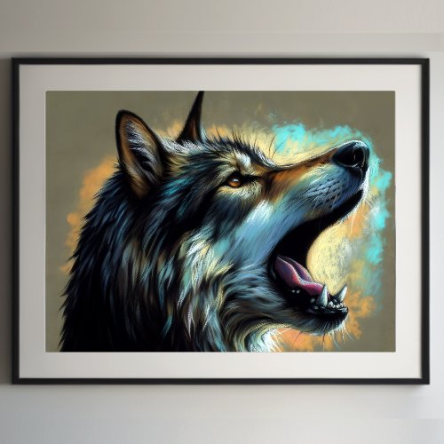 Hard Pastel Drawing Wolf Howling Poster