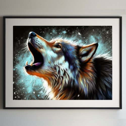 Hard Pastel Drawing Wolf Howling Poster