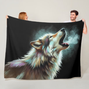 Hard Pastel Wolf on Black Fleece Blanket
