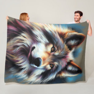 Hard Pastel Wolf on Gray Fleece Blanket