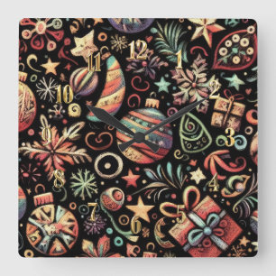 Hard Pastels Drawing Christmas Motifs Square Wall Clock