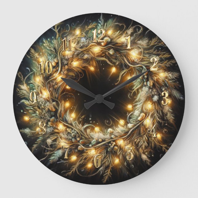 Hard Pastels Drawing Christmas Wreath Yellow Large Clock (Front)