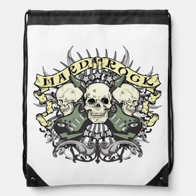 Hard Rock Skulls and Guitars Music Drawstring Bag (Front)