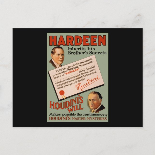 Hardeen inherits his brother's secrets postcard (Front)