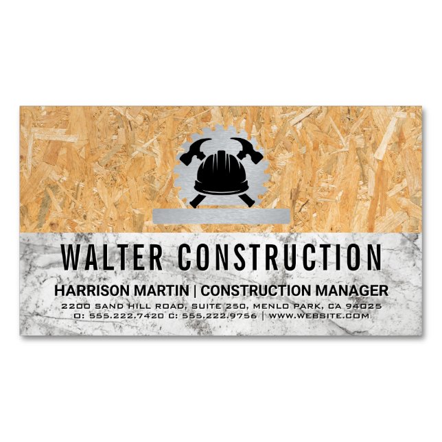 Hardhat Hammer | Marble | Pressed Wood Business Card Magnet (Front)