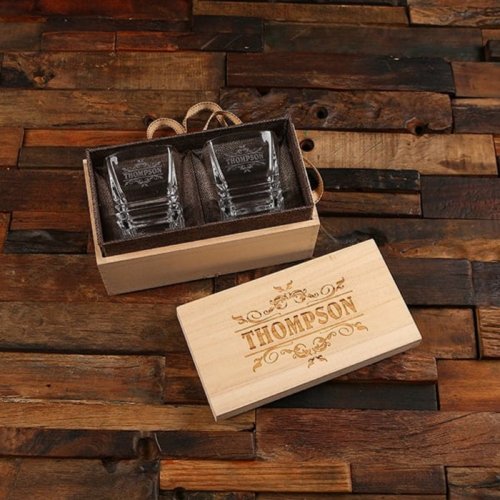 Hardwood Gift Box with 3_Tiered Whiskey Glasses
