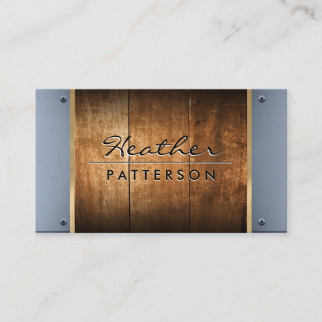 Hardwood | Gold Trim | Metallic Rivets Business Card (Front)