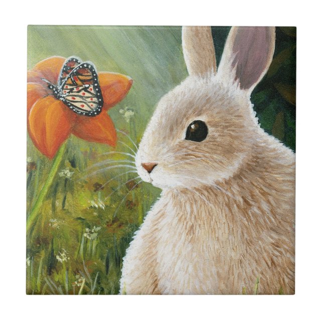 hare 55 rabbit bunny with Butterfly Ceramic Tile (Front)