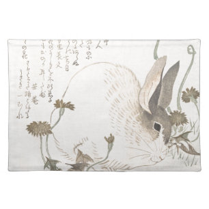 Hare and Dandelion, Kubo Shunman, Japanese Art Cloth Placemat