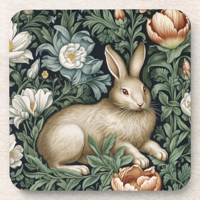 Hare and flowers in the garden art nouveau style beverage coaster (Front)