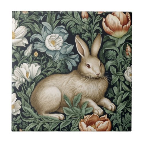 Hare and flowers in the garden art nouveau style ceramic tile