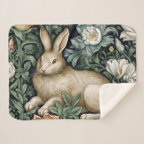 Hare and flowers in the garden art nouveau style sherpa blanket