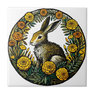 Hare and Marigolds Ceramic Tile