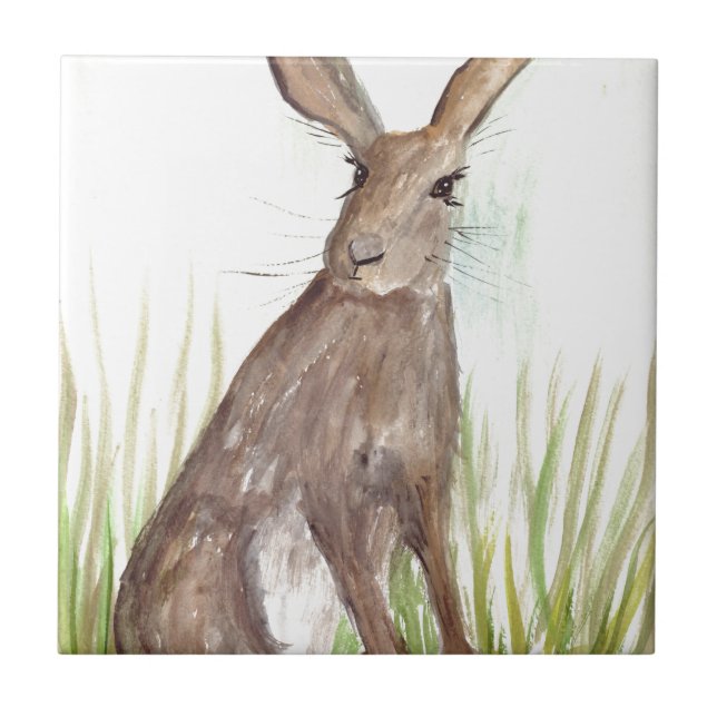Hare Animal Rustic Watercolor Rabbit Woodland Tile (Front)