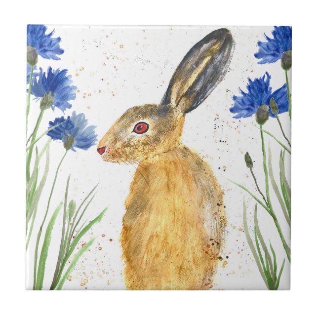 Hare Animal Watercolor Bunny Rabbits Forest Ceramic Tile (Front)