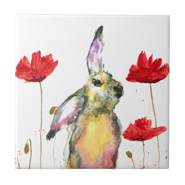 Hare Animal Watercolor Bunny Rabbits Forest Ceramic Tile (Front)