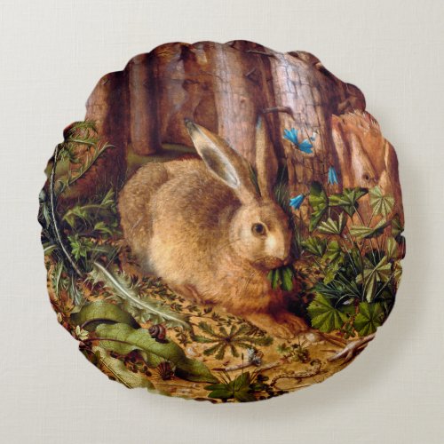Hare in the Forest Hans Hoffmann Rabbit Painting Round Pillow