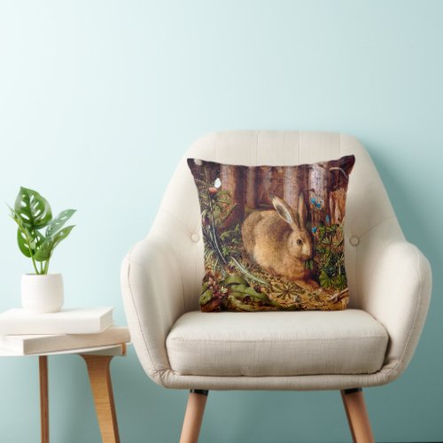 Hare in the Forest Hans Hoffmann Rabbit Painting Throw Pillow