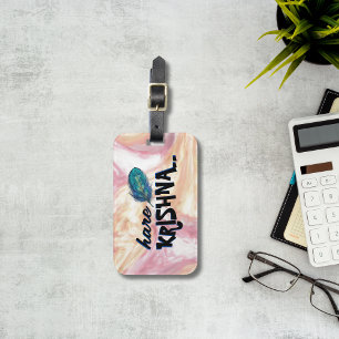 "Hare Krishna" Peacock Feather Hindu Luggage Tag