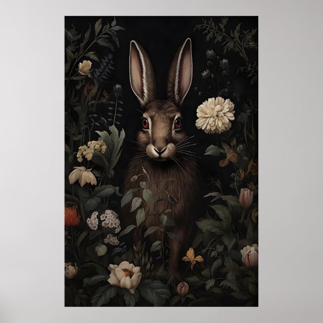 Hare Rabbit Floral Moody Forest Print, Dark Poster (Front)