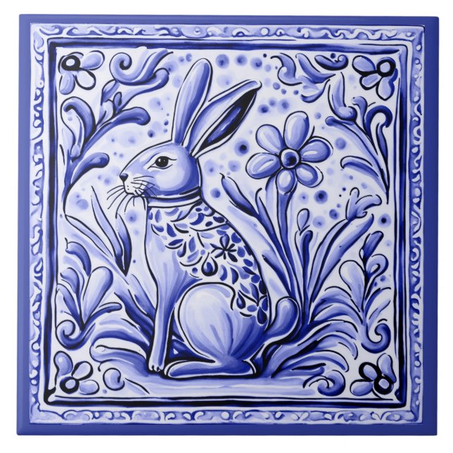 Hare Rabbit Mediterranean Bunny Folk Animal Art Ceramic Tile (Front)